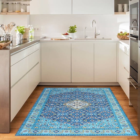 Washable Rugs for Living Room Vintage Boho Light Blue Rug for Office Dining Room Kids Room and Farmhouse Durable Low Pile Non-Slip Area Rug for High Traffic Areas