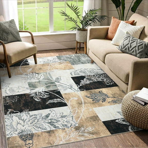 Washable Rugs, Modern Abstract Area Rugs Floral Petchwork Rug Geometric Contemporary Wave Print Non Slip Large Office Carpet Indoor Stain Resistant Carpet for Dining Roo,