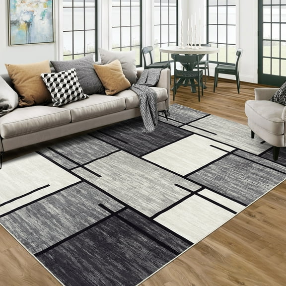 Washable Rugs, Modern Geometric Runner Rug Throw Rugs Distressed Area Rug for Bedroom, Non Slip Boxes Rug for Living Room, Block Pattern Office Rug Neutral Farmhouse Floor Cover
