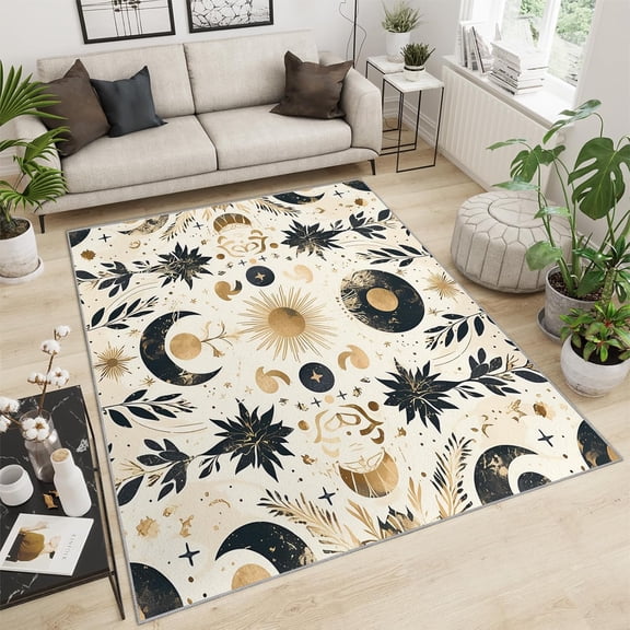 Washable Rugs Moon Sun Abstract Rug For Living Room ，Bohemian Plant Patterns Bathroom Rugs Washable Rugs， Apply To Bedroom Bedside Kitchen Game Room Dormitory Corridor Balcony 1x2ft