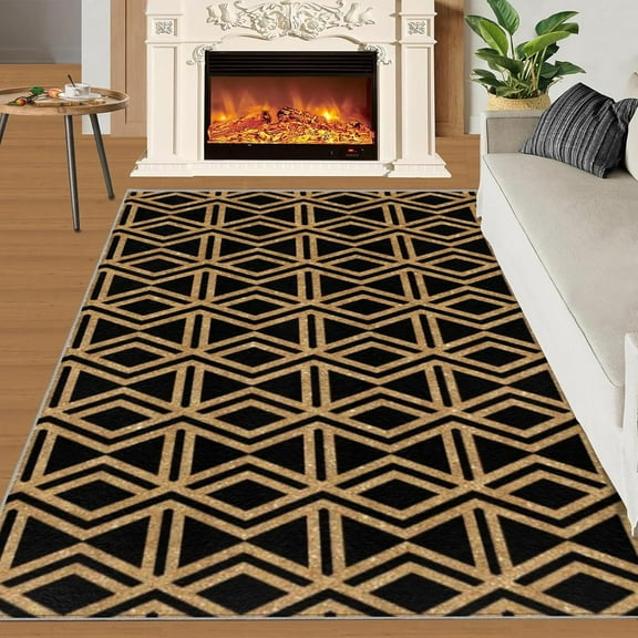 Washable Rugs Retro Black Gold Stripes Area Rugs， Bohemian Black Gold Bathroom Rugs Washable Rugs， Apply To Bedroom Bedside Kitchen Game Room Dormitory Corridor Balcony 1x2ft