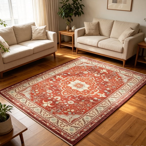 Washable Rugs Vintage Distressed Print Indoor Carpet Low-Pile Floor Non Slip Rug for Living Room, Bedroom 4' x 6' Red