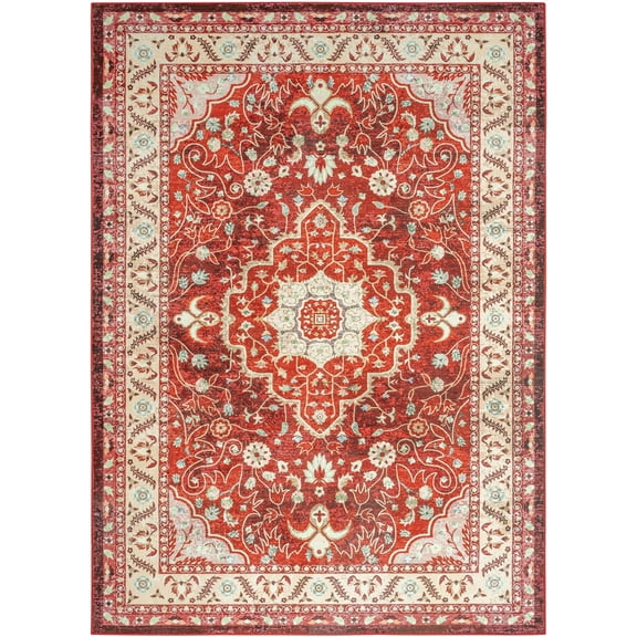 Washable Rugs Vintage Distressed Print Indoor Carpet Low-Pile Floor Non Slip Rug for Living Room, Bedroom 4' x 6' Red