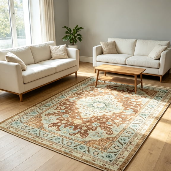 Vintage Distressed Print Low Pile Machine Washable Area Rug, 5' x 8', Gold, Non-Slip Indoor Rug for Living Room, Bedroom Home Decor