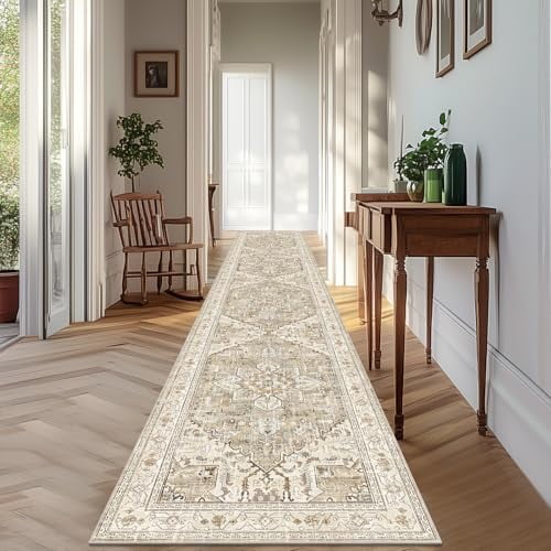 Washable Runner Rug, 2'3" x 14' Non-Slip Boho Vintage Hallway Rug Runner with Rubber Backing, Stain Resistant Low Pile Distressed Carpet Runner for Bedroom, Kitchen, Laundry, Entrance