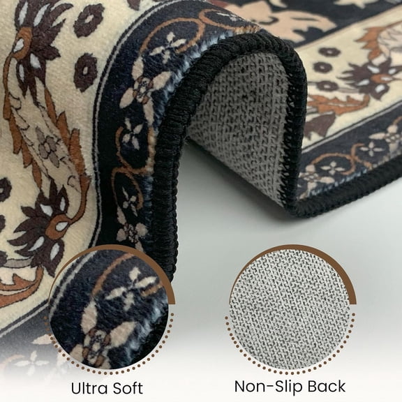 Washable Runner Rug 2.5x8 | Non Slip Rug Runners for Hallways, Entryways, Kitchens, Bathrooms, Bedrooms | Ultra-Soft Flannel Carpet Runners with Rubber Backing (Black Floral, 2.5x8)