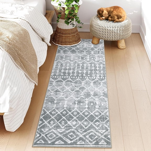 Washable Runner Rug 2' x 6', Non-Slip Geometric Pattern Low Pile Carpet, Soft Stain Resistant Floor Mat for Bedroom Living Room Dining Room