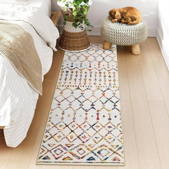 Washable Runner Rug 2' x 6', Non-Slip Geometric Pattern Low Pile Carpet, Soft Stain Resistant Floor Mat for Bedroom Living Room Dining Room