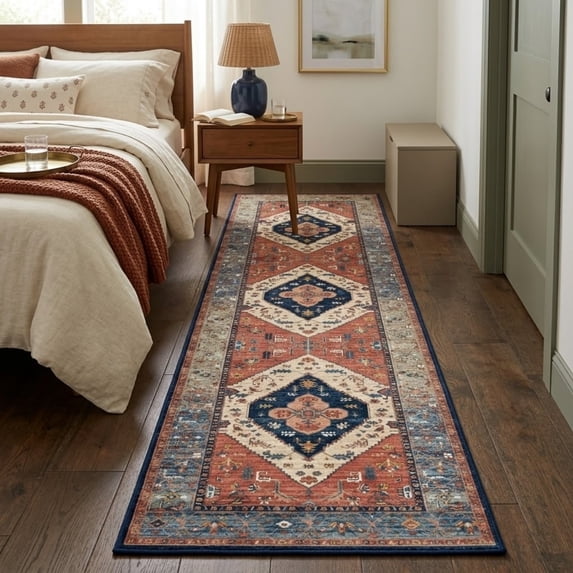 Navy Office Rug Washable Runner Rug 2' x 8', Non Slip Low Pile Hallway Kitchen Rug ...