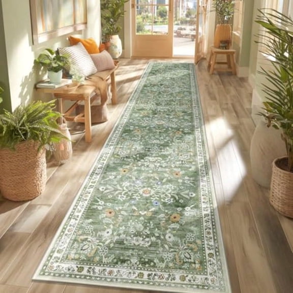 Washable Runner Rug 2x10 Floral Non Slip Boho Hallway Runner Rug with Rubber Backing Low Pile Faux Wool Distred Carpet for Kitchen Laundry Bedroom Entrance Green