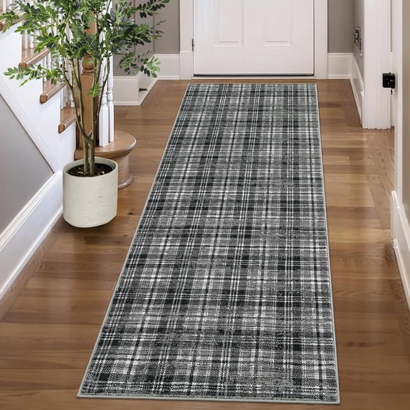 Washable Runner Rug 2x10 Runner Modern Non Slip Kitchen Rugs Tartan Plaid Entryway Rug Farmhouse Soft Bathroom Rugs Stain Resistant Carpet for Hallway Laundry Bedroom 2'x10' Black