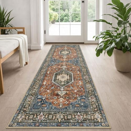 Washable Runner Rug, 2x5 Runners Non-Slip Vintage Brick Red 5ft Hallway Kitchen Rugs Ultra Soft Printed Tribal Farmhouse Carpet for Bedroom Entryway Decor