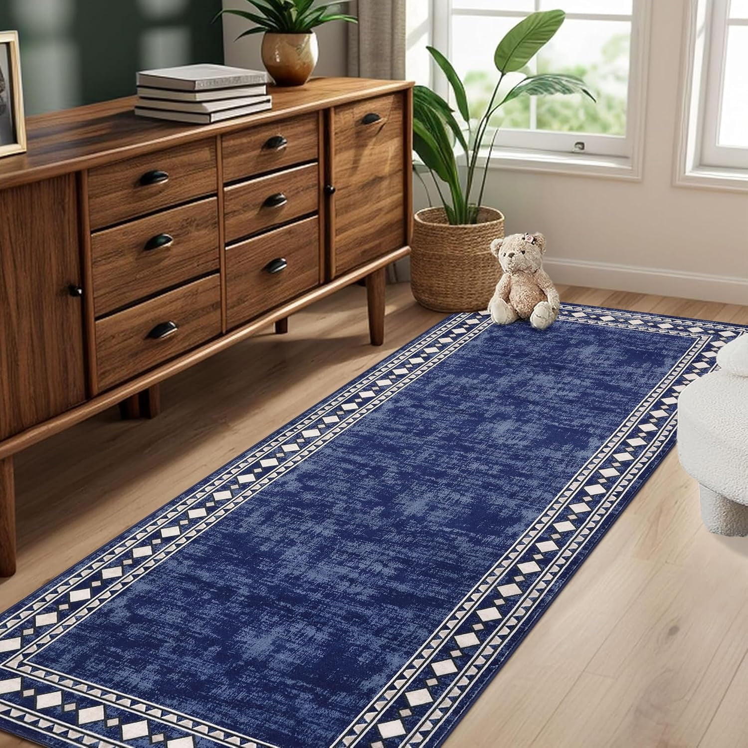 Washable Runner Rug - 2x6 Bordered Non Slip Bath Mat & Soft Bedroom Throw for Farmhouse, Kitchen, Entryway - Navy