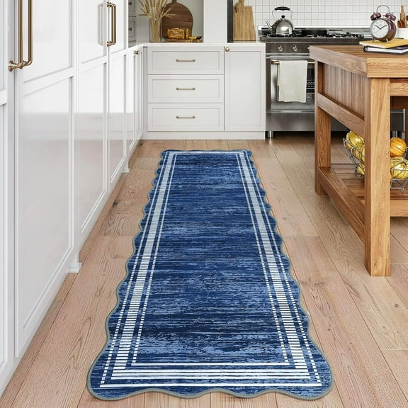 Washable Runner Rug 2x6 for Hallway Scalloped Kitchen Rugs, Non Skid Stain-Resistant Solid Bordered Rug Soft Scalloped Carpet Runners for Entryway Bathroom Laundry Room Bedside (Blue,2x6ft)