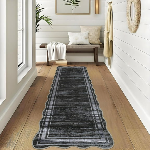 Washable Runner Rug 2x6 Kitchen Hallway Scalloped Rugs, Non Skid Stain-Resistant Solid Bordered Rug Soft Scalloped Entryway Carpet Runner for Bathroom Laundry Room Bedside(Black,2x6 ft)