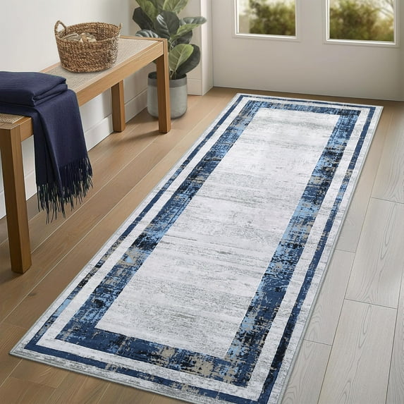 Washable Runner Rug 2x6 Modern Border Runner Soft Distressed Blue Runner, Minimalist Runner, Non Slip Hallway Runner, Stain Resistant Kitchen Runner, Contemporary Runner