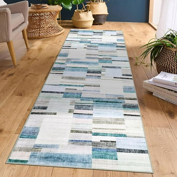 Washable Runner Rug 2x6 Modern Entryway Rug Tartan Plaid Non Slip Kitchen Rugs Rustic Bedroom Area Rug Hallway Runners Soft Carpet Bath Mat Stain Resistant Throw Rugs for Laundry 2'x6' Blue