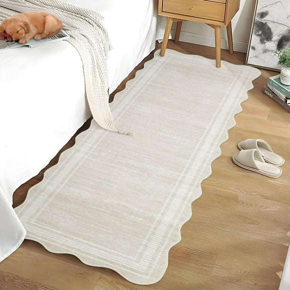 Washable Runner Rug 2x6 Modern Solid Scalloped Kitchen Runner Mat Minimalist Plain Long Runner Rug for Entryway Bedroom Bedside Non Slip Low Pile Boho Accent Solid Runner Rugs for Nursery, Ivory