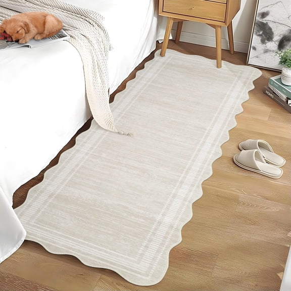 Washable Runner Rug 2x6 Modern Solid Scalloped Kitchen Runner Mat Minimalist Plain Long Runner Rug for Entryway Bedroom Bedside Non Slip Low Pile Boho Accent Solid Runner Rugs for Nursery, Ivory