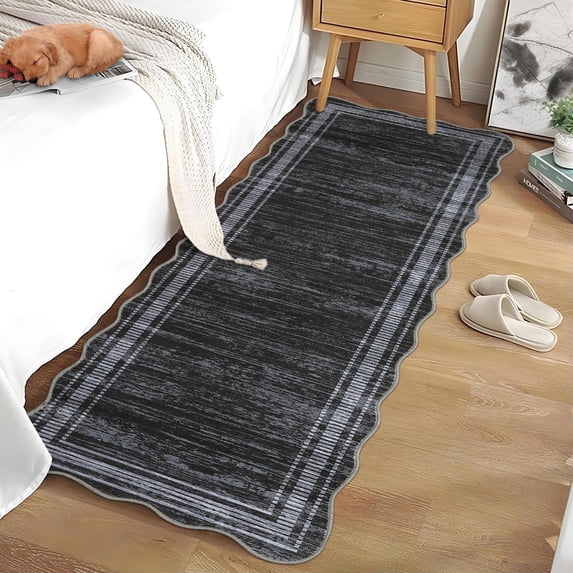 Washable Runner Rug 2x6 Modern Solid Scalloped Kitchen Runner Mat Minimalist Plain Long Runner Rug for Entryway Bedroom Bedside Non Slip Low Pile Boho Accent Solid Runner Rugs for Entryway, Black