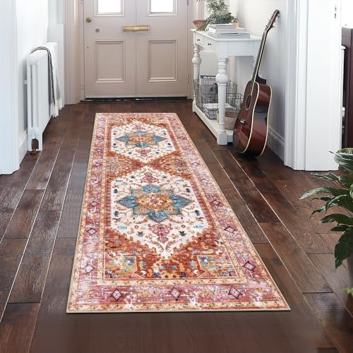 Washable Runner Rug, 2x6 Non-Slip Boho Vintage Hallway Rug Runner with Rubber Backing, Stain Resistant Distressed Carpet Runner for Bedroom, Kitchen, Laundry, Entrance