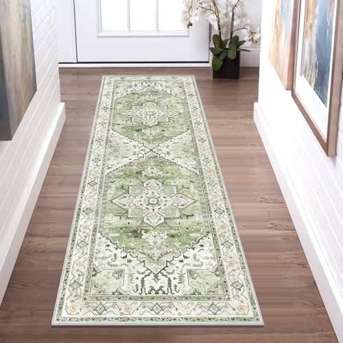 Washable Runner Rug, 2x6 Non-Slip Boho Vintage Hallway Rug Runner with Rubber Backing, Stain Resistant & Low Pile Faux Wool Distressed Carpet Runner for Kitchen, Laundry, Entrance