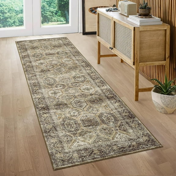 Washable Runner Rug 2x6 Non Slip Floor Carpet, Low Pile Distressed Kitchen Rug, Non-Shedding Faux Wool Soft Rug, Vintage Printed Rug for Bathroom, Laundry Room, Entryway, Brown