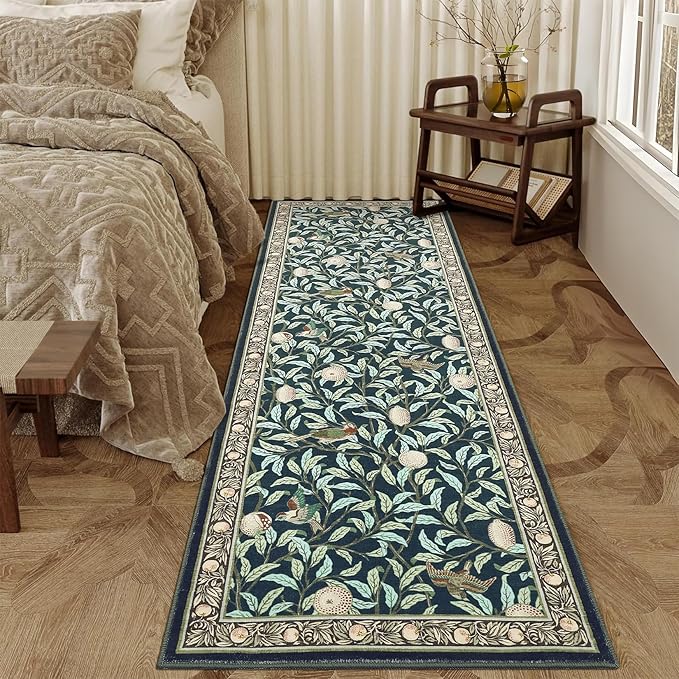 Washable Runner Rug 2x6 Non Slip Kitchen Hallway Runner Leaf Botanical Print Low Pile Throw Carpet Modern Home Decor Mat for Laundry Bathroom Indoor Use, Dark Blue