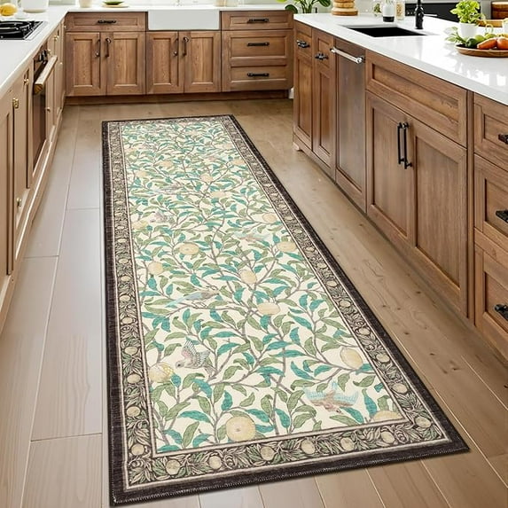 Washable Runner Rug 2x6 Non Slip Kitchen Hallway Runner Leaf Botanical Print Low Pile Throw Carpet Modern Home Decor Mat for Laundry Bathroom Indoor Use, Beige