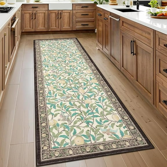 Washable Runner Rug 2x6 Non Slip Kitchen Hallway Runner Leaf Botanical Print Low Pile Throw Carpet Modern Home Decor Mat for Laundry Bathroom Indoor Use, Beige