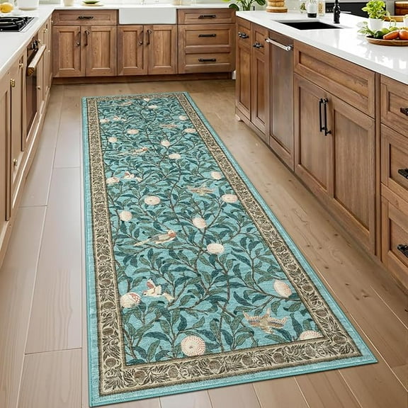 Washable Runner Rug 2x6 Non Slip Kitchen Hallway Runner Leaf Botanical Print Low Pile Throw Carpet Modern Home Decor Mat for Laundry Bathroom Indoor Use, Light Blue
