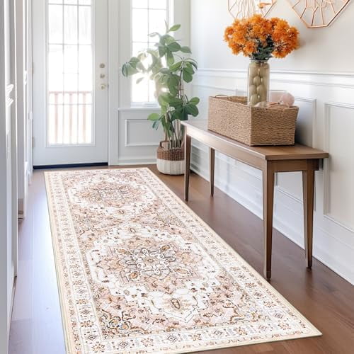 Washable Runner Rug - 2x6 Rug Runners for Hallways 6 Feet Non Slip Vintage Kitchen Runner Rug Ultra-Thin Bathroom Runner Rugs Carpet Laundry Room Bedroom (2x6ft, Pink)
