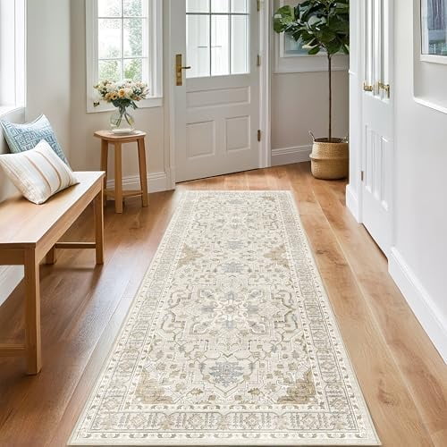Washable Runner Rug - 2x6 Rug Runners for Hallways 6 Foot Non Slip Vintage Kitchen Runner Rug Ultra-Thin Bathroom Runner Rugs Carpet Laundry Room Bedroom (2x6ft, Beige/Blue)