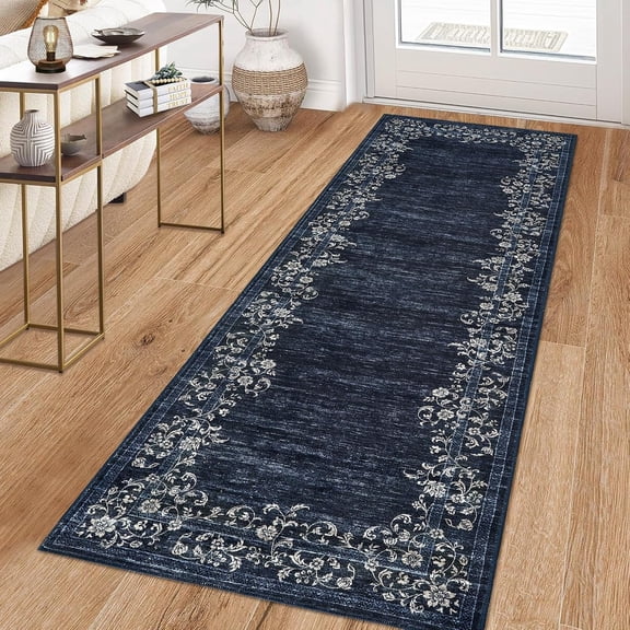 Washable Runner Rug 2x6 Runner Modern Non Slip Kitchen Rug Floral Farmhouse Low Pile Entryway Runner Soft Bathroom Rugs Stain Resistant Carpet for Bedroom Hallway Laundry 2'x6' Navy