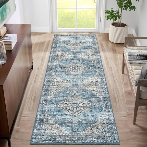 Washable Runner Rug 2x6 Vintage Retro Hallway Area Rug Distressed Floral Print Accent Carpet Soft Non Slip Laundry Mat Foldable Thin Throw Rugs for Entryway Bedroom Kitchen Runner, Blue