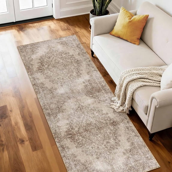 Kitchen Runner Rug 2x6 ft Washable Non Slip Soft Low Profile Farmhouse Vintage Rug for Entryway, Hallway, Laundry Room, Bedroom, Brown