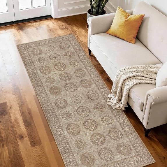 Kitchen Runner Rug 2x6 ft Washable Non Slip Soft Low Profile Farmhouse Vintage Rug for Entryway, Hallway, Laundry Room, Bedroom, Brown