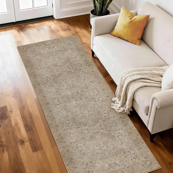 Kitchen Runner Rug 2x6 ft Washable Non Slip Soft Low Profile Farmhouse Vintage Rug for Entryway, Hallway, Laundry Room, Bedroom, Brown