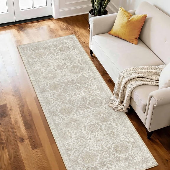 SAND KEEPER Washable Runner Rug 2x6 ft Non Slip Backing Farmhouse Vintage Soft Kitchen Rug Low Profile Floor Carpet for Kitchen Hallway Laundry Room Bedroom