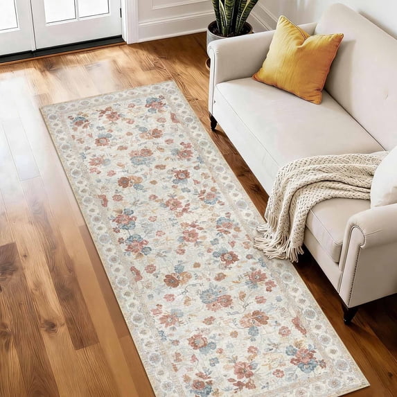 SAND KEEPER Washable Runner Rug 2x6 ft Non Slip Backing Farmhouse Vintage Soft Kitchen Rug Low Profile Floor Carpet for Kitchen Hallway Laundry Room Bedroom
