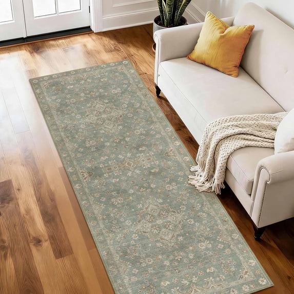Washable Runner Rug 2x6 ft Non Slip Backing Farmhouse Vintage Soft Kitchen Rug Low Profile Floor Carpet for Kitchen Hallway Laundry Room Bedroom