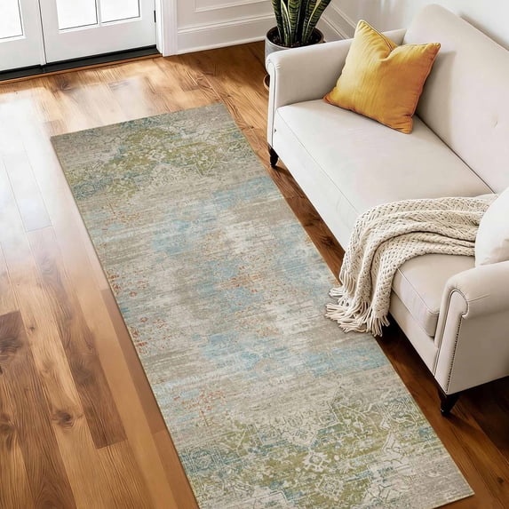 Washable Runner Rug 2x6 ft Non Slip Backing Farmhouse Vintage Soft Kitchen Rug Low Profile Floor Carpet for Kitchen Hallway Laundry Room Bedroom