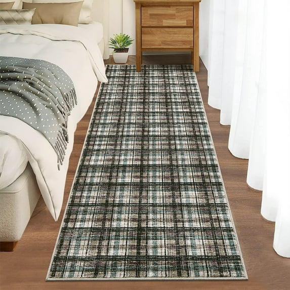 Washable Runner Rug 2x6ft Plaid Farmhouse Indoor Carpet, Non-Slip Backing, Ultra Soft Low Pile for Kitchen Laundry Room