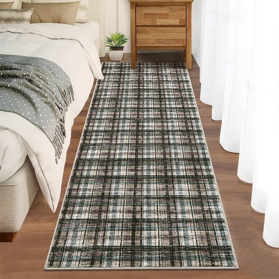 Washable Runner Rug 2x6ft Plaid Farmhouse Indoor Carpet, Non-Slip Backing, Ultra Soft Low Pile for Kitchen Laundry Room