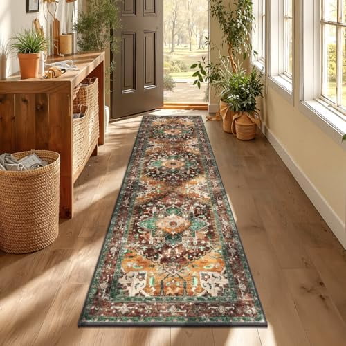 Washable Runner Rug, 2x7 Non-Slip Boho Vintage Hallway Rug Runner with Rubber Backing, Stain Resistant Distressed Carpet Runner for Bedroom, Kitchen, Laundry, Entrance