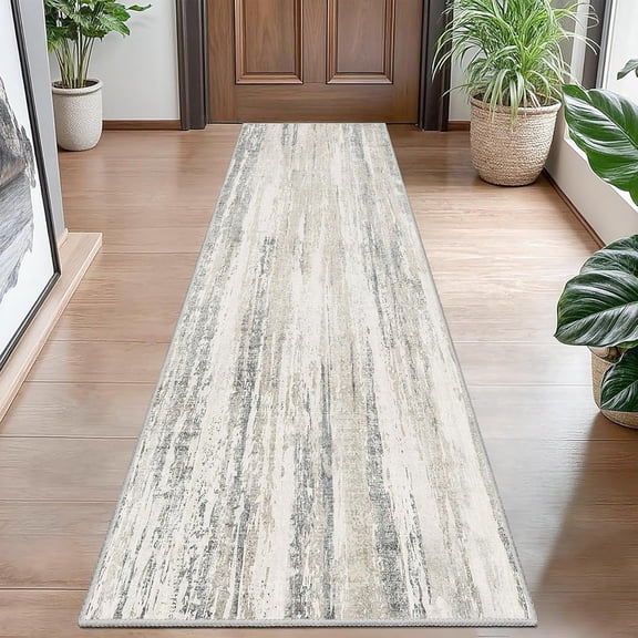 Washable Runner Rug 2x8, Modern Abstract Area Rugs for Kitchen Hallways Bedroom Bedside Bathroom Laundry, Non Slip Throw Carpet Long Mat Indoor, Low Pile Accent Neutral Beige and Grey