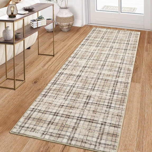 Washable Runner Rug 2x8 Modern Entryway Rug Tartan Plaid Non Slip Kitchen Rugs Farmhouse Bedroom Area Rug Hallway Runners Soft Bathroom Rugs Stain Resistant Carpet 2'x8' Green/Beige