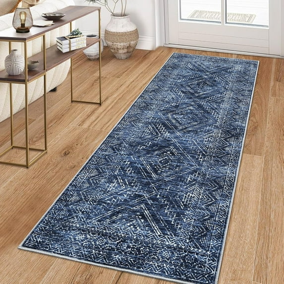 Washable Runner Rug 2x8 Modern Non Slip Kitchen Rugs Distressed Blue Entryway Rug Farmhouse Hallway Runner Soft Bathroom Rugs Stain Resistant Carpet for Laundry Bedroom 2'x8' Navy