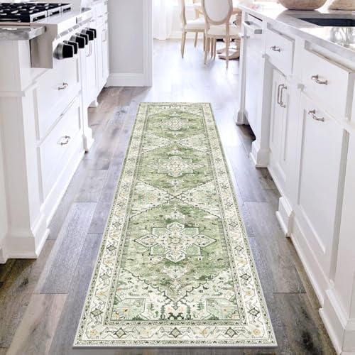 Washable Runner Rug, 2x8 Non-Slip Boho Vintage Hallway Rug Runner with Rubber Backing, Stain Resistant & Low Pile Faux Wool Distressed Carpet Runner for Kitchen, Laundry, Entrance, Sage Green