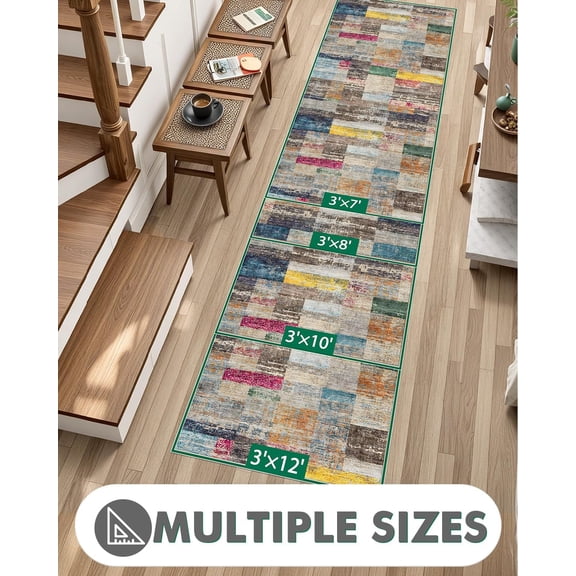 Washable Runner Rug, 3'x10' Non-Slip Hallway Mat, Low Thin Long Carpet for Laundry Kitchen Bedroom Office, Multicolor
